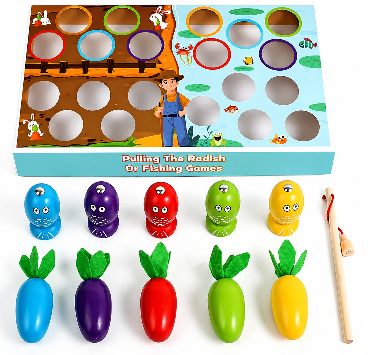 2-in-1 Wooden Fishing & Pull Carrot Game